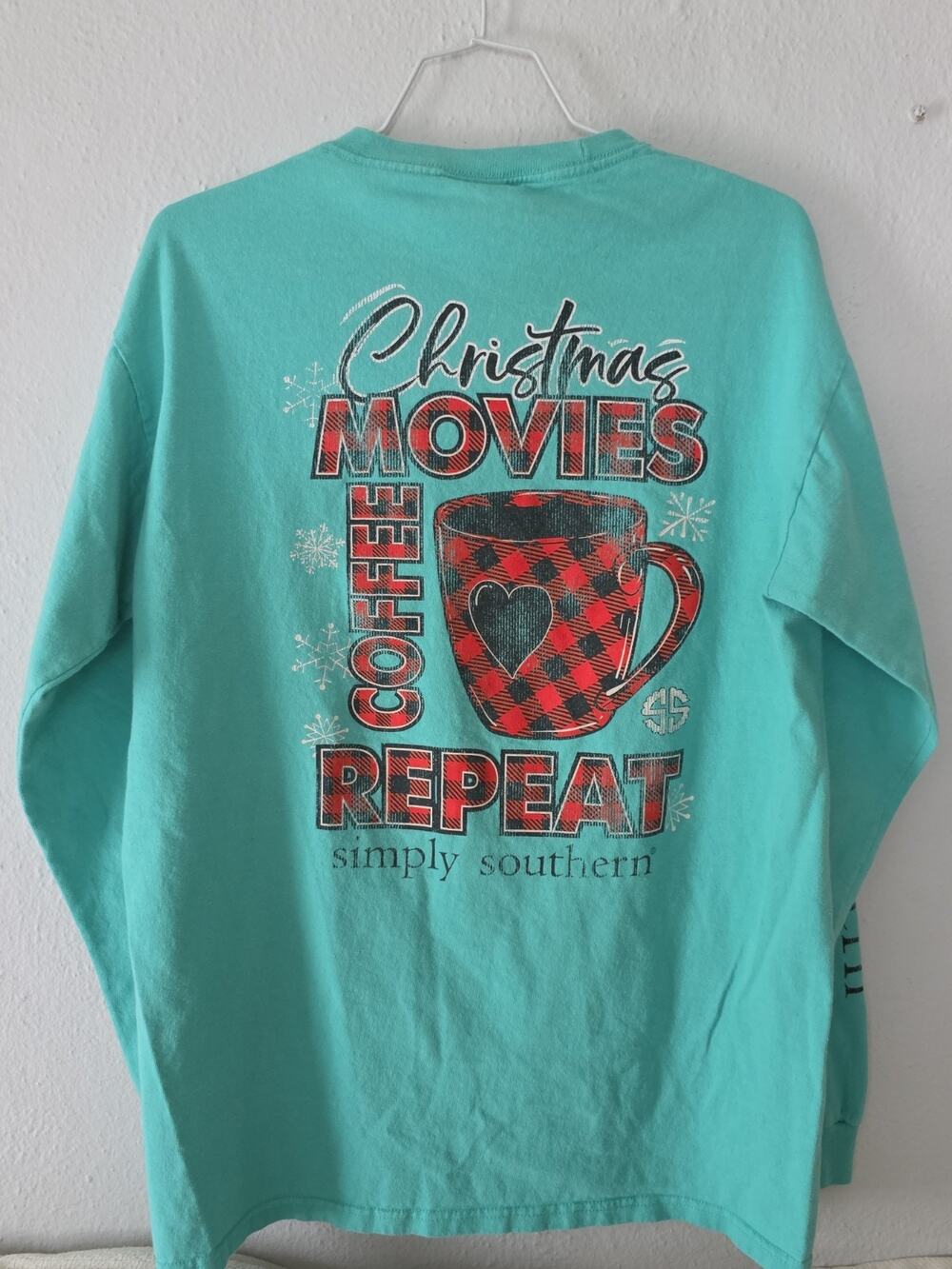 Simply Southern Turquoise Long Sleeve Tee Shirt "Christmas Movies Coffee Repeat"